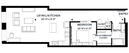 Floor plan for 1 bed, 1 bath, 866 sqft
