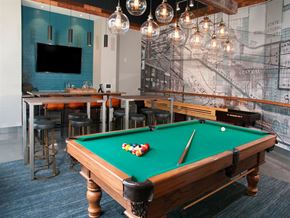 St Paul apartment for rent - A pool table with a green cloth and a ball with a stick on it.