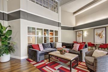 Brooklyn Park apartment for rent - A living room with a grey couch and a red pillow.