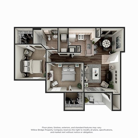 Floor plan for 2 beds, 1 bath, 982 sqft