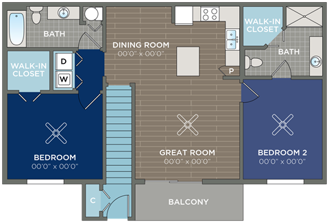 Floor plan for 2 beds, 2 baths, 1130 sqft