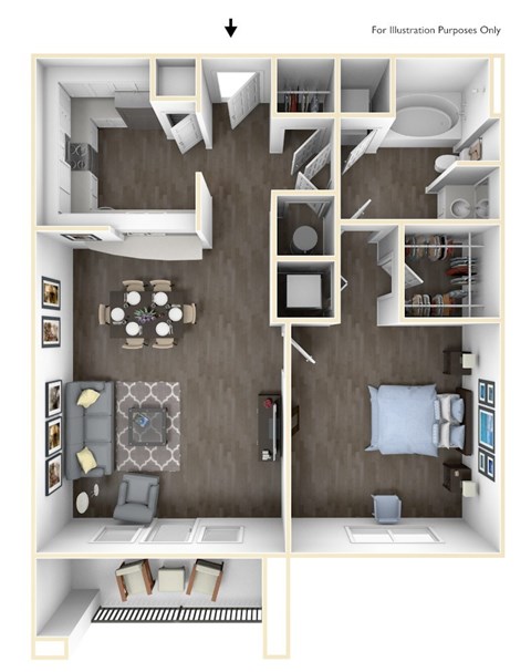 Floor plan for 1 bed, 1 bath, 865 sqft