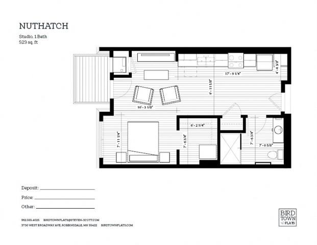 Floor plan for studio, 1 bath, 523 sqft