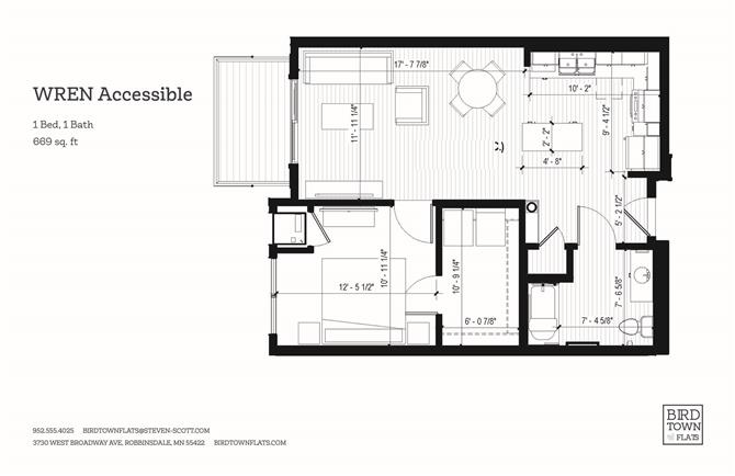 Floor plan for 1 bed, 1 bath, 669 sqft