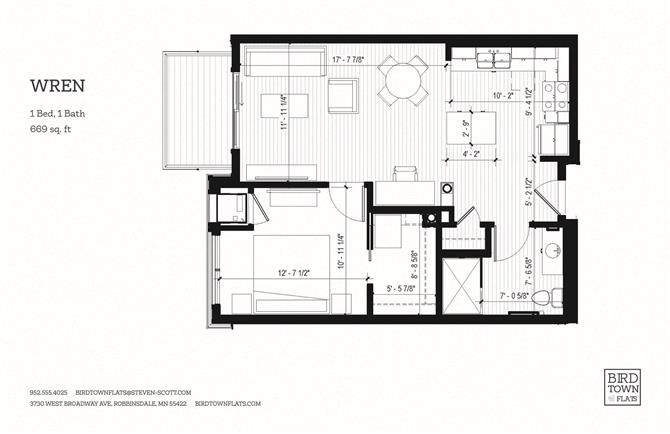 Floor plan for 1 bed, 1 bath, 669 sqft