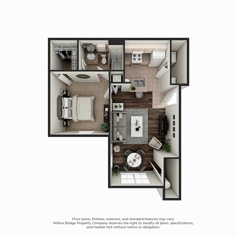 Floor plan for 1 bed, 1 bath, 636 sqft