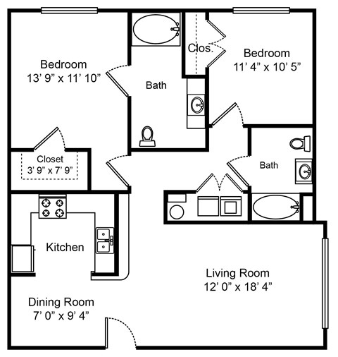 Floor plan for 2 beds, 2 baths, 1023 sqft