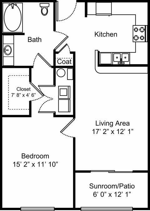 Floor plan for 1 bed, 1 bath, 826 sqft