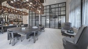 Charlotte apartment for rent - a dining room with a table and chairs and a large glass door