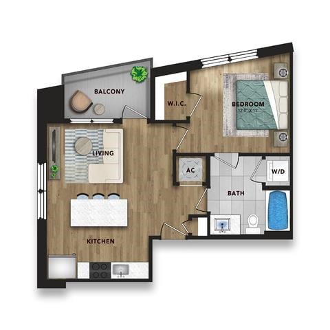 Floor plan for 1 bed, 1 bath, 652 sqft