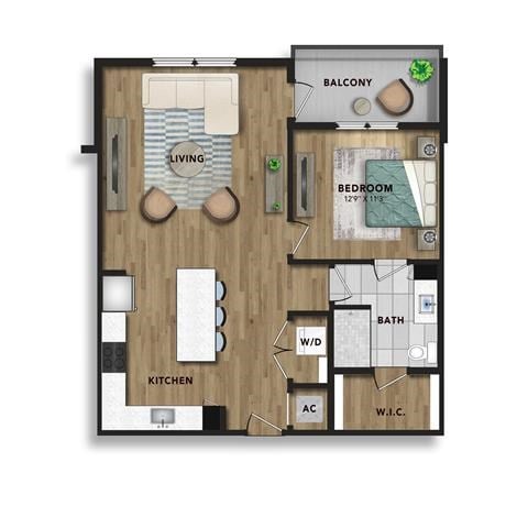 Floor plan for 1 bed, 1 bath, 896 sqft