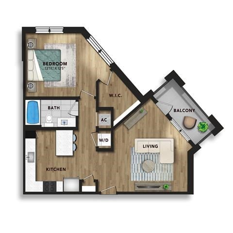 Floor plan for 1 bed, 1 bath, 787 sqft