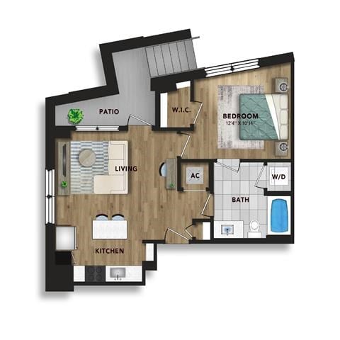 Floor plan for 1 bed, 1 bath, 653 sqft