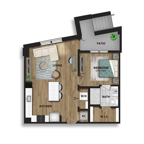 Floor plan for 1 bed, 1 bath, 708 sqft