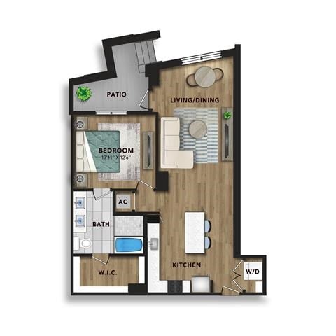 Floor plan for 1 bed, 1 bath, 1126 sqft