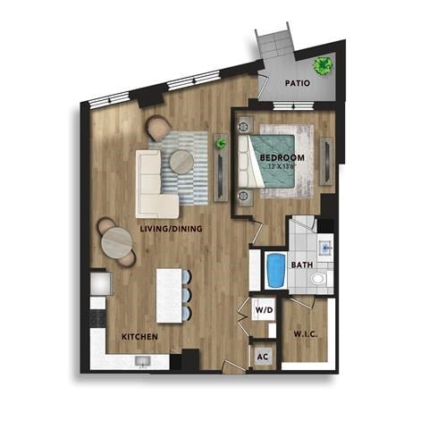 Floor plan for 1 bed, 1 bath, 1086 sqft