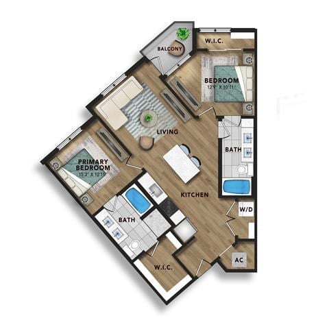 Floor plan for 2 beds, 2 baths, 1062 sqft