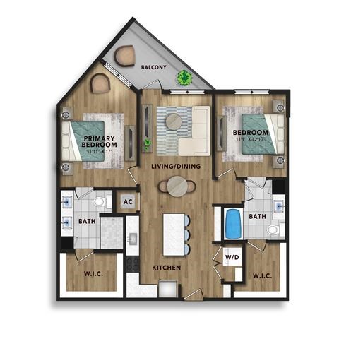 Floor plan for 2 beds, 2 baths, 1171 sqft