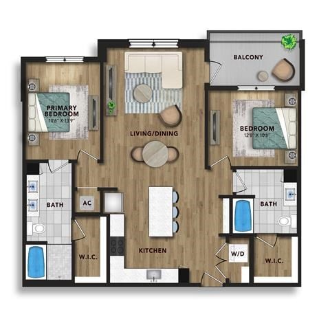 Floor plan for 2 beds, 2 baths, 1222 sqft