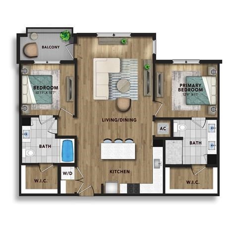 Floor plan for 2 beds, 2 baths, 1200 sqft