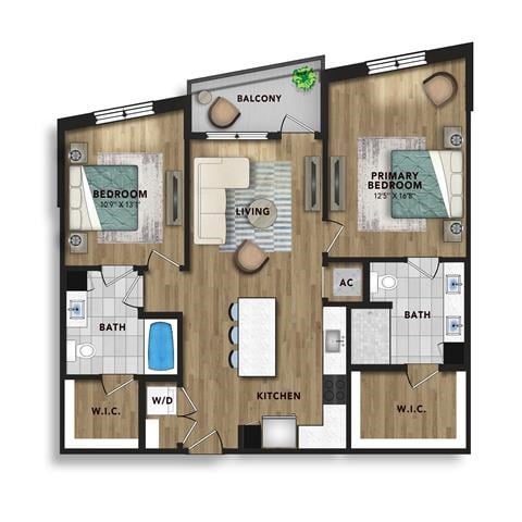 Floor plan for 2 beds, 2 baths, 1106 sqft