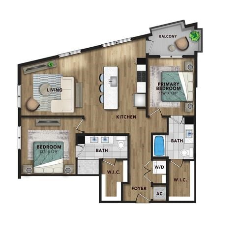 Floor plan for 2 beds, 2 baths, 1337 sqft