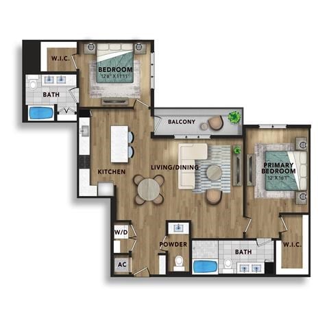 Floor plan for 2 beds, 3 baths, 1521 sqft