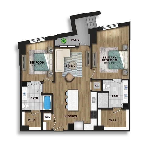 Floor plan for 2 beds, 2 baths, 1107 sqft