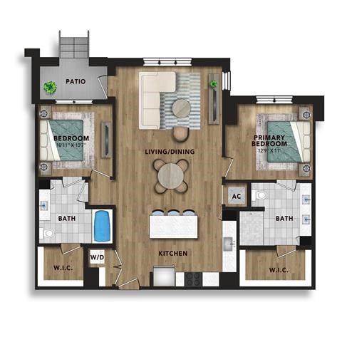 Floor plan for 2 beds, 2 baths, 1106 sqft