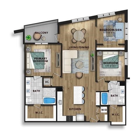 Floor plan for 3 beds, 2 baths, 1504 sqft