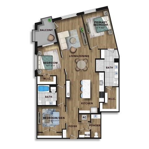 Floor plan for 3 beds, 3 baths, 1707 sqft