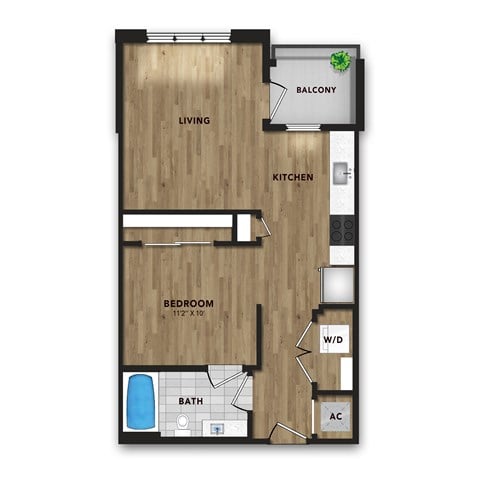 Floor plan for studio, 1 bath, 599 sqft