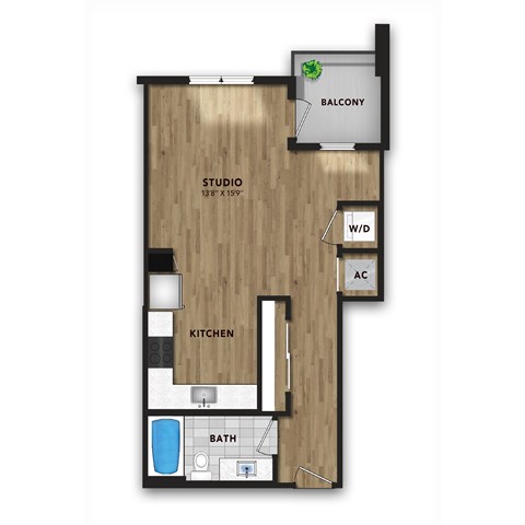Floor plan for studio, 1 bath, 586 sqft