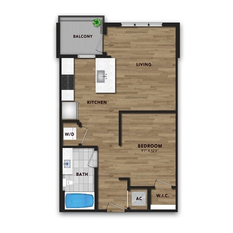 Floor plan for studio, 1 bath, 599 sqft