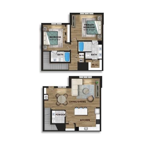 Floor plan for 2 beds, 3 baths, 1716 sqft