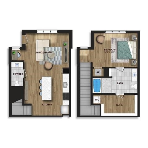 Floor plan for 1 bed, 2 baths, 1172 sqft