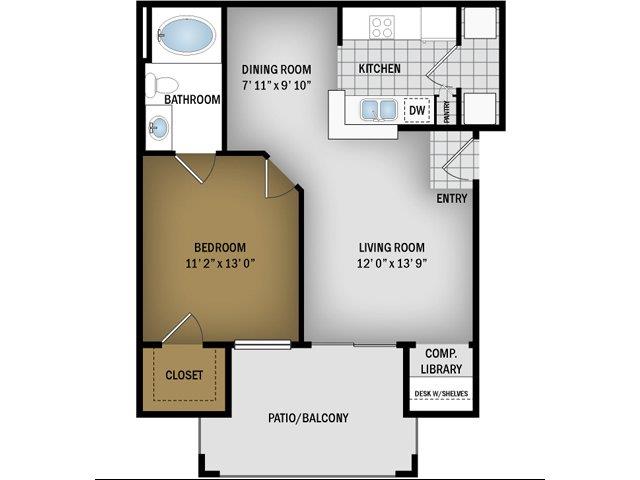 Floor plan for 1 bed, 1 bath, 648 sqft