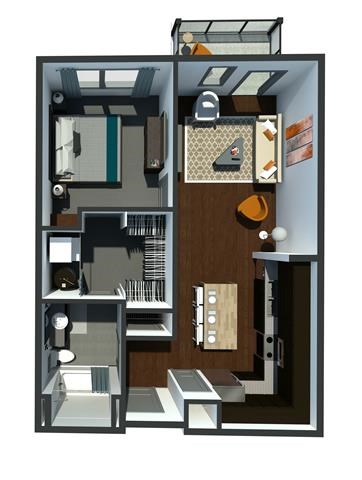Floor plan for 1 bed, 1 bath, 726 sqft
