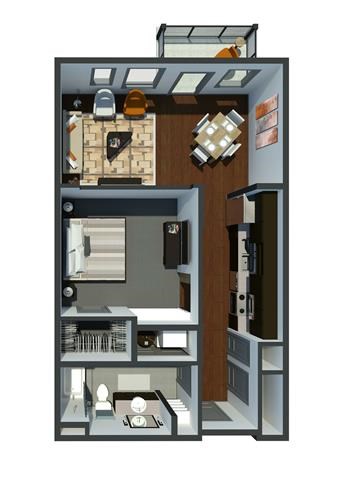 Floor plan for 1 bed, 1 bath, 760 sqft