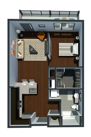 Floor plan for studio, 1 bath, 673 sqft
