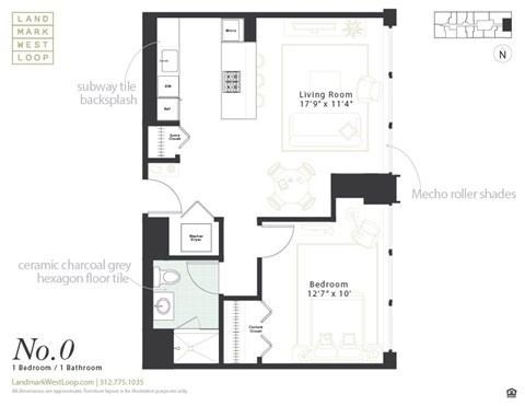 Floor plan for 1 bed, 1 bath, 692 sqft