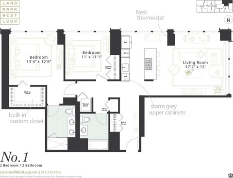 Floor plan for 2 beds, 2 baths, 1237 sqft