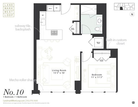 Floor plan for 1 bed, 1 bath, 684 sqft