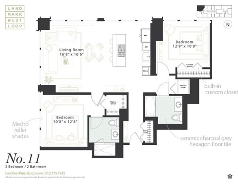 Floor plan for 2 beds, 2 baths, 1135 sqft