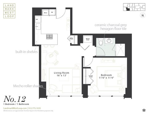 Floor plan for 1 bed, 1 bath, 669 sqft