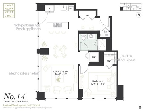 Floor plan for 1 bed, 1 bath, 816 sqft