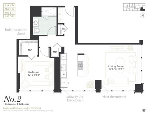 Floor plan for 1 bed, 1 bath, 835 sqft