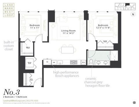 Floor plan for 2 beds, 1 bath, 946 sqft