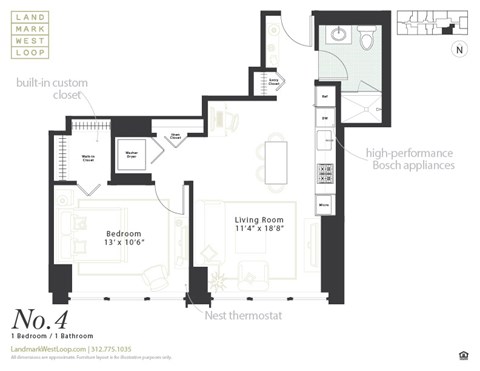 Floor plan for 1 bed, 1 bath, 685 sqft