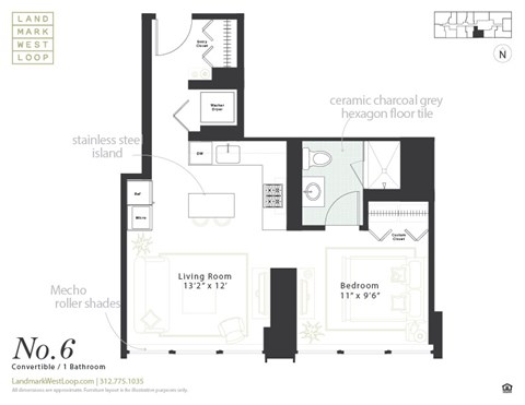 Floor plan for studio, 1 bath, 556 sqft